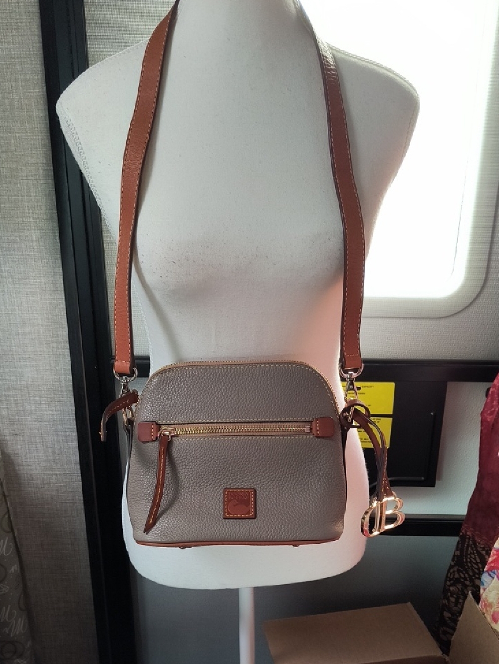 Dooney & Bourke Vintage DomeTaupe Pebbled Leather Crossbody W/Tan Trim